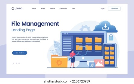 File management administration, document, data filing concept, flat illustration vector landing page template