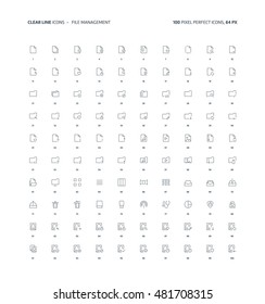 File management clear line, illustrations, icons, backgrounds and graphics. The icons pack is black and white, flat, vector, pixel perfect, minimal, suitable for web and print. Linear pictogram.