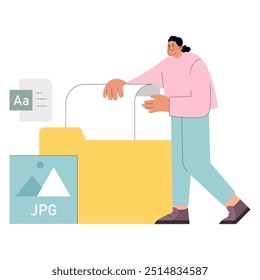 File Management concept. A businessman organizes digital documents into a folder. Efficient workflow and data organization. Vector illustration.