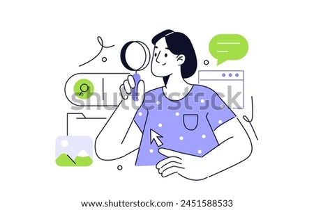 File management concept. Character organizing multimedia files and folders and other data for better search result. Vector illustration 