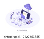 File management concept. Character search, share and secure transfer documents, folders and other data from devices in cloud database storage. Isometric vector illustration 