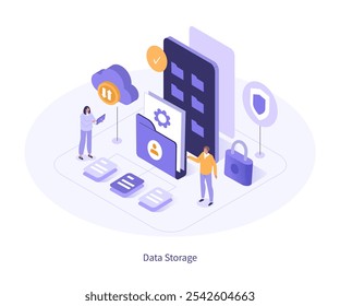 File management concept. Characters organizing and transferring data, files, documents, folders, multimedia in cloud storage. Isometric vector illustration.