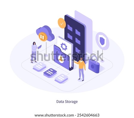 File management concept. Characters organizing and transferring data, files, documents, folders, multimedia in cloud storage. Isometric vector illustration.
