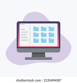 File management concept. Data storage on computer display. Folders, documents and media content explorer. Flat vector illustration.