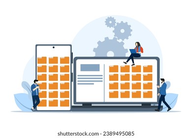 Dateimanagement-Konzept, Datenspeicherung, Ordner, Dokumente und Medieninhalte, Business-Team, das Dateien auf Smartphone oder Laptop sucht, Moderner Flachbildchartoon-Stil, Vektorgrafik auf dem Hintergrund.