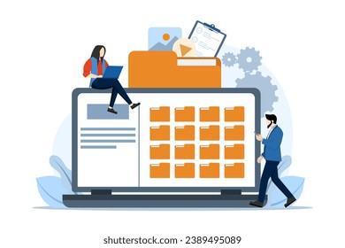 File management concept, Data storage, Folders, documents and media content, Business team looking for files on smart phone or laptop, Modern flat cartoon style, Vector illustration on background.