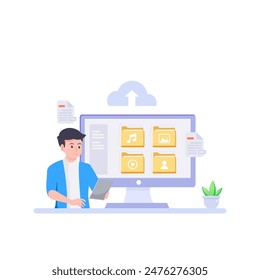 File management concept. Data storage. Folders, documents and media content.