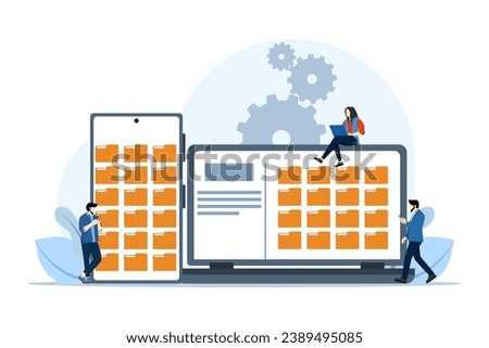 File management concept, Data storage, Folders, documents and media content, Business team looking for files on smart phone or laptop, Modern flat cartoon style, Vector illustration on background.