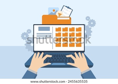 File management concept, Data storage, Folders, documents and media content, search or save files on smartphone or laptop, Modern flat cartoon style, Vector illustration on background.