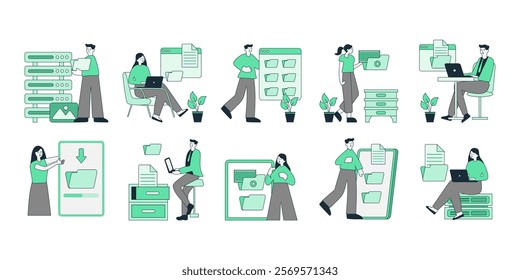 File management concept flat illustration set. Includes of organizing files in folders, archiving files, and synchronizing across devices. Vector illustration isolated transparent background