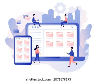 Concepto de administración de archivos. Carpetas, documentos y contenido multimedia. Almacenamiento de datos. Pequeñas personas buscan archivos en smartphone y laptop. Estilo moderno de dibujos animados planos. Ilustración del vector sobre fondo blanco