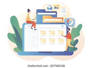 File management concept. Folders, documents and media content. Tiny people search files on laptop. Data storage. Modern flat cartoon style. Vector illustration on white background