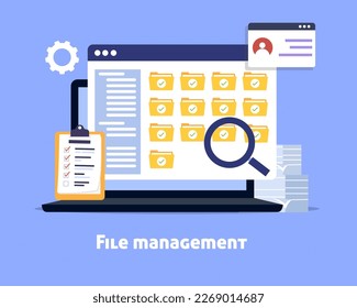 Concepto de administración de archivos, servicio de almacenamiento de documentos en línea, carpetas, organización de archivos, carpeta de búsqueda en laptop.