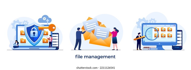 file management concept, storage, cloud system, memory, internet, file, technology, database, security, document, flat illustration vector