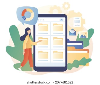File management concept. Tiny woman search files on smartphone. Data storage. Folders, documents and media content. Modern flat cartoon style. Vector illustration on white background