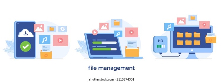 File management, data filing concept, folder file. hard disk flat illustration vector banner