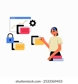 File Management And Data Security With Female Specialist In Flat Vector Illustration Symbolizing Digital Security, Organization, And File Storage, Isolated On White Background