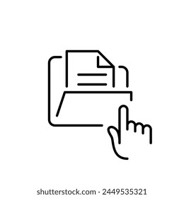 File management and document navigation. Easy access to digital data. Finger clicking on folder. Vector icon