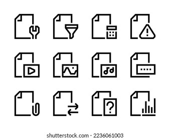 Administración de archivos, configuración de documentos e iconos vectoriales de línea de trabajo. Tipo de archivo y conjunto de iconos de esquema de trazo editable del formulario de página.