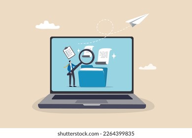 File management or documents archive, computer data backup or virus scan, online cloud storage or search for files concept, businessman with magnifying glass search for file in folder computer laptop.