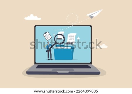 File management or documents archive, computer data backup or virus scan, online cloud storage or search for files concept, businessman with magnifying glass search for file in folder computer laptop.