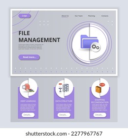 Vorlage für die Dateiverwaltung flach Landing Page. Tiefes Lernen, Datenstruktur, Einkaufsempfehlung. Webbanner mit Header, Inhalt und Fußzeile. Vektorgrafik.