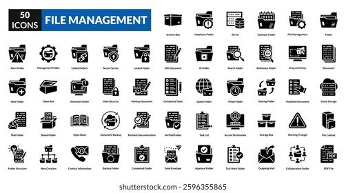 File management glyph icon collection set. Includes organization, folder, document, storage, archive, backup, directory, cloud, sorting, data, access, system, file, secure, transfer