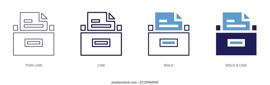 Icono de administración de archivos en 4 estilos diferentes. Línea delgada, línea, negrita y línea negrita. Estilo duotono. Trazo editable.