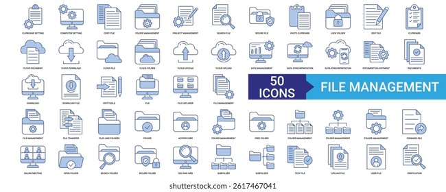 File Management icon collection set with Clipboard, Computer, Copy file,  Search file, Secure file