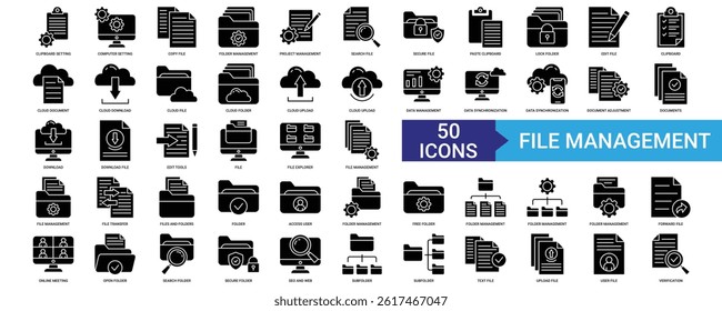 File Management icon collection set with Clipboard, Computer, Copy file,  Search file, Secure file
