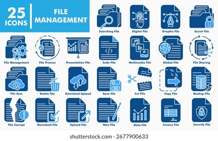 Conjunto de colecciones de iconos de administración de archivos. Contiene Descarga, Cargar, base de datos, copia de seguridad, Archivar, carpeta, archivo, digital, sistema, sincronización, transferencia, uso compartido, documento, borrador, activo, protegido, acceso