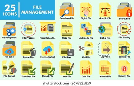File management icon collection set. Containing download, upload, copy, paste, backup, archive, folder, file, digital, system, sync, transfer, sharing, document icon. Simple flat color illustration.