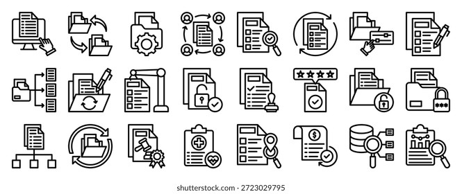 Conjunto de Colecciones de iconos de administración de archivos. Iconos de vector de contorno limpio