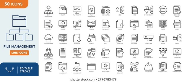 File Management icon set. Contain icons related to file, management, Document, folder, organization, archive, storage, and more. Editable stroke. Vector illustration