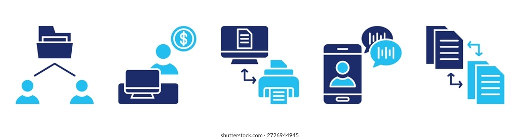 Conjunto de iconos de administración de archivos. para documentos digitales. conjunto de iconos contiene intercambio de archivos, freelancer, impresora, asistente virtual, transferencia de archivos. Vector simple Glifo Duotone Ilustración.