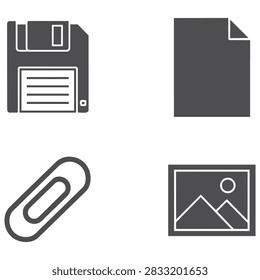 File management icon set featuring floppy disk documents paperclip and image symbols in a simple flat style for document storage attachment media management office applications digital organization computer interfaces and productivity design projects