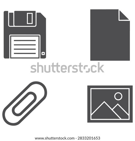 File management icon set featuring floppy disk documents paperclip and image symbols in a simple flat style for document storage attachment media management office applications digital organization computer interfaces and productivity design projects