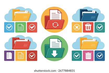 File Management Icons with Folders in Various States Upload Download Refresh Delete and Validated Files for Computer Organization