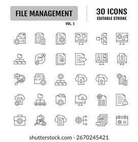 File management line editable icon set. Containing data, folder, lock, login, sync, lock, search and more. Vector illustration