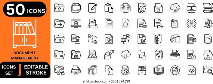 File management line editable icon set. Containing document management, cloud sync, data backup, information retrieval, contract agreement, and more. Editable stroke. Vector illustration