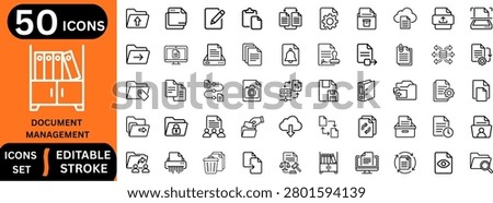 File management line editable icon set. Containing document management, cloud sync, data backup, information retrieval, contract agreement, and more. Editable stroke. Vector illustration