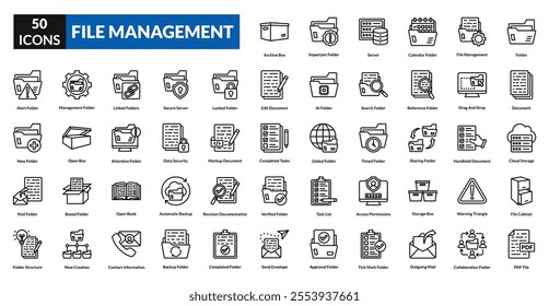 File management line icon collection set. Includes organization, folder, document, storage, archive, backup, directory, cloud, sorting, data, access, system, file, secure, transfer