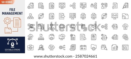 File management line icon set. Editable stroke. Containing as data, folder, login, sync, lock, search icon. Vector illustration
