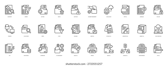 Conjunto de iconos de estilo de línea de administración de archivos. Contiene Informe Seo, Correcto, Configuraciones, Borrar, Administración De Documentos, Cargar En La Nube
