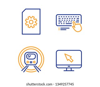 File management, Metro subway and Computer keyboard icons simple set. Internet sign. Doc with cogwheel, Underground, Pc device. Monitor with cursor. Technology set. Linear file management icon