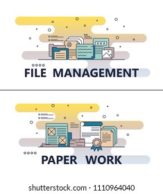 File management and paperwork template set. Vector modern thin line art flat style design elements for website banners and printed materials.