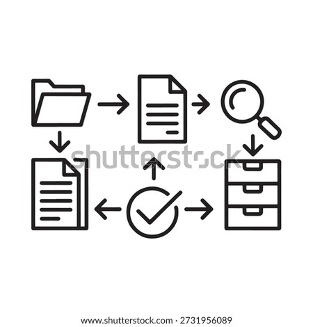 File management process depicted with icons folder document search and archive