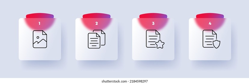 File management set icon. Digital image, document, star, shield, important, protected information, private. Business concept. Glassmorphism style. Vector line icon for Business and Advertising.