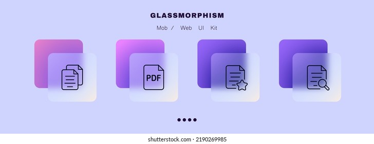 File management set icon. Digital, pdf, document, satr, mark as important, magnifier, search, report, sheet of paper. Business concept. Glassmorphism. Vector line icon for Business and Advertising.