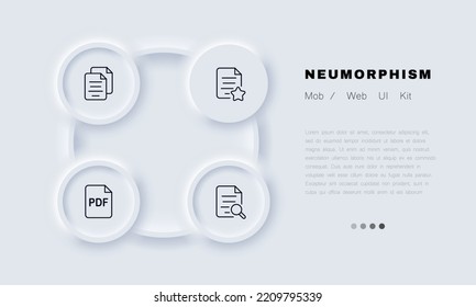 File management set icon. Documentation, document, star, mark as important, pdf, portable format, magnifier, search, agreement, protocol, report. Business concept. Neomorphism style. Vector line icon.